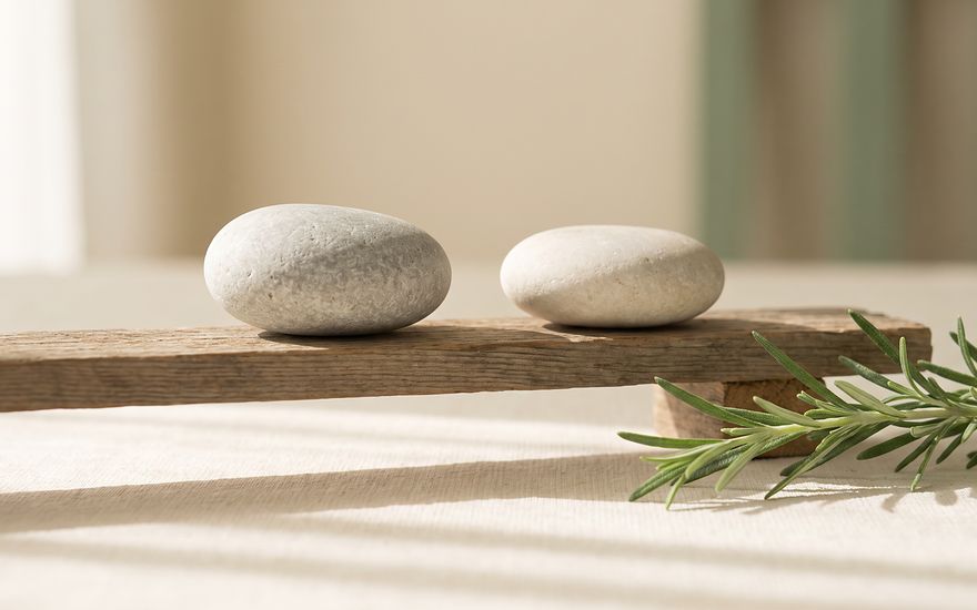 Dos piedras en equilibrio sobre una viga de madera