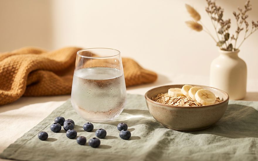 Agua, avena, plátano y arándanos sobre lino, luz de mañana